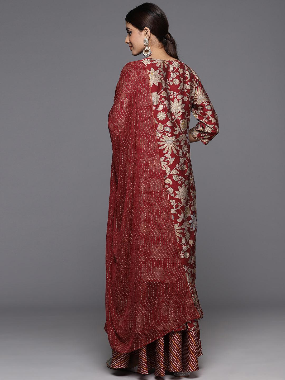 Maroon Printed Silk Blend Straight Kurta With Skirt & Dupatta - ShopLibas