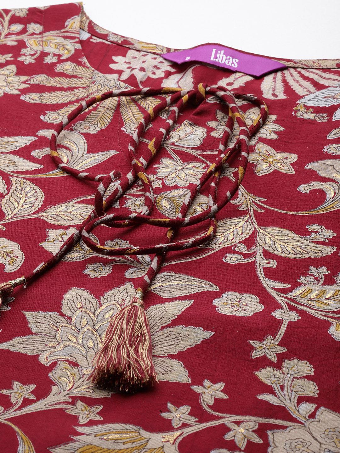 Maroon Printed Silk Blend Straight Kurta With Skirt & Dupatta - ShopLibas