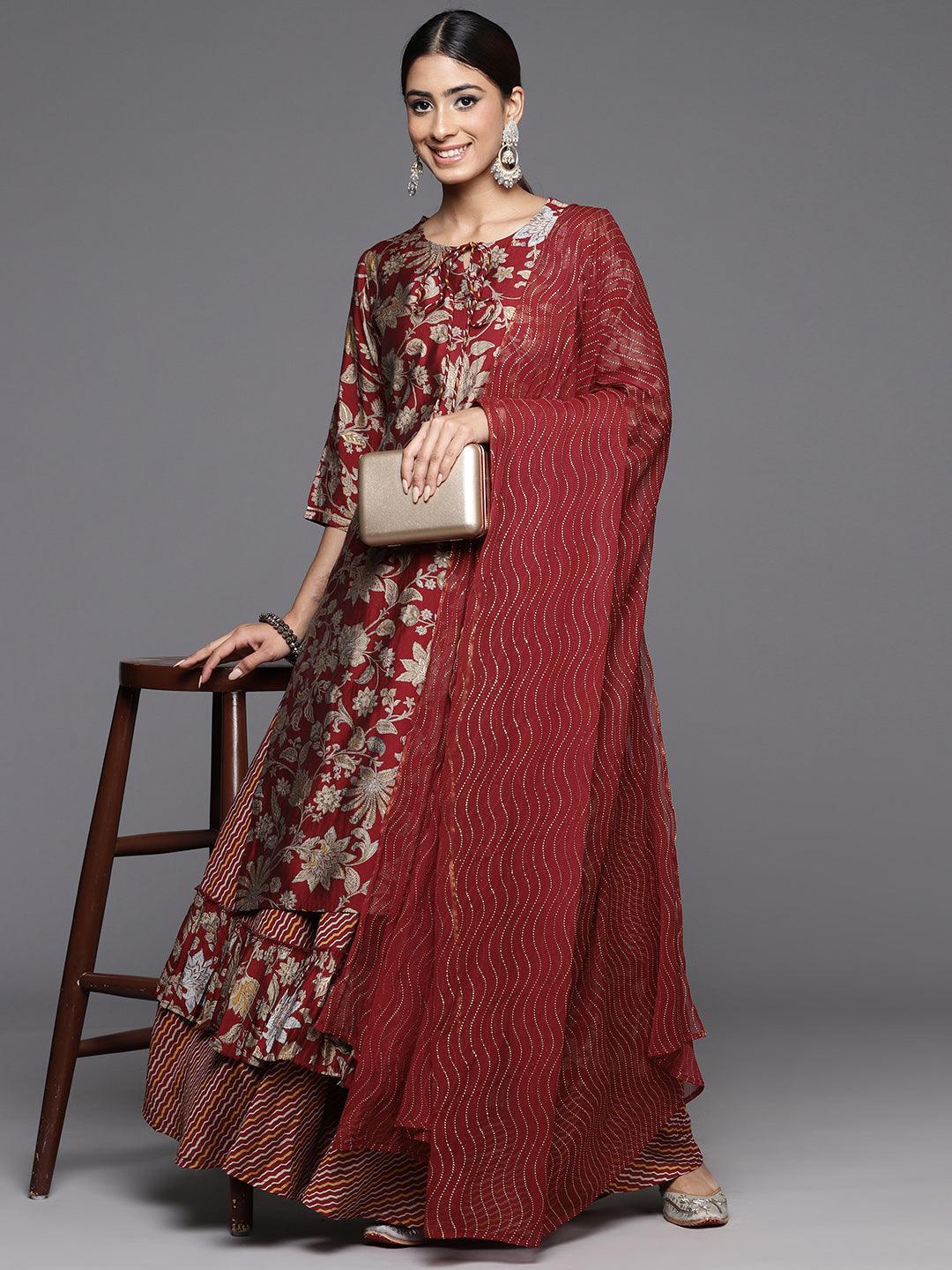 Maroon Printed Silk Blend Straight Kurta With Skirt & Dupatta - ShopLibas