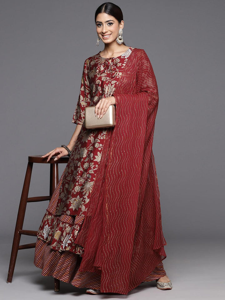 Maroon Printed Silk Blend Straight Suit With Dupatta
