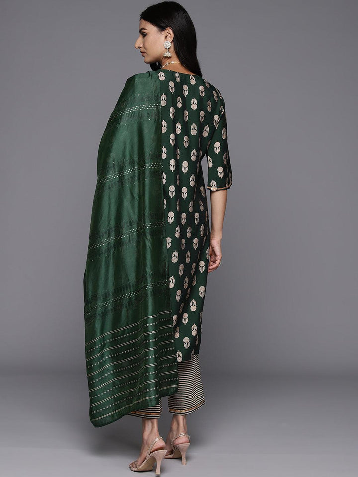 Green Printed Silk Blend Straight Suit With Dupatta