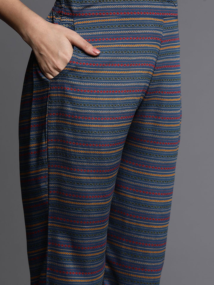 Blue Printed Silk Blend Straight Suit With Dupatta