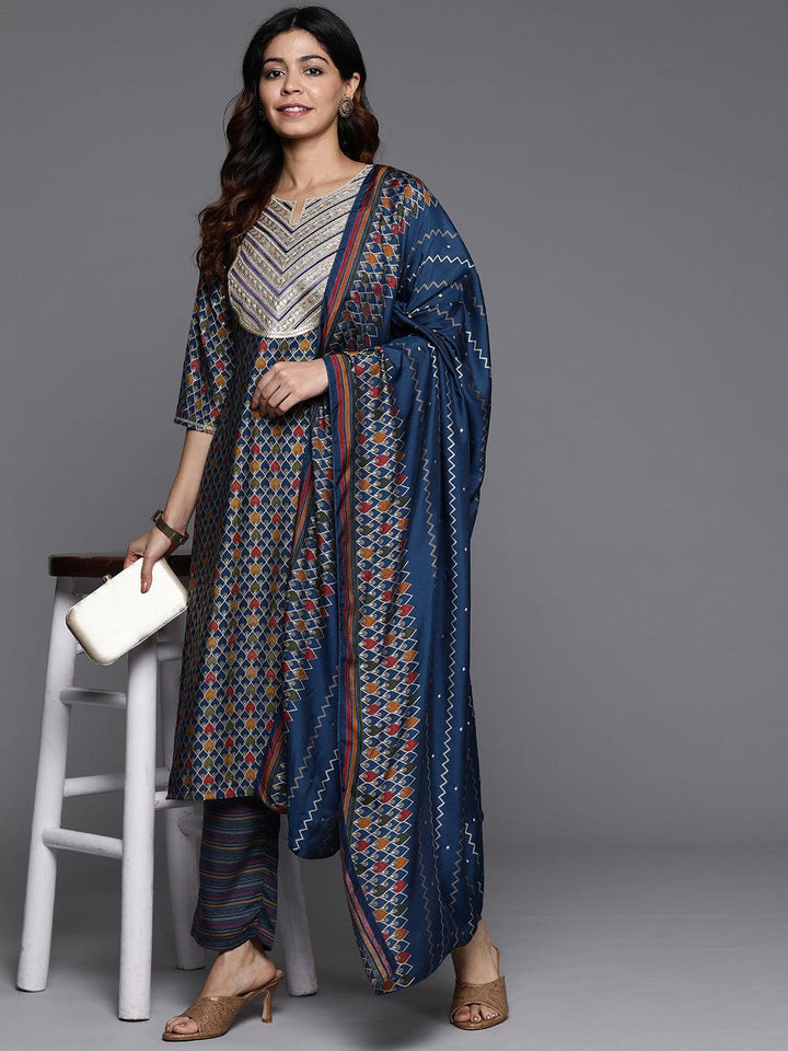 Blue Printed Silk Blend Straight Suit With Dupatta