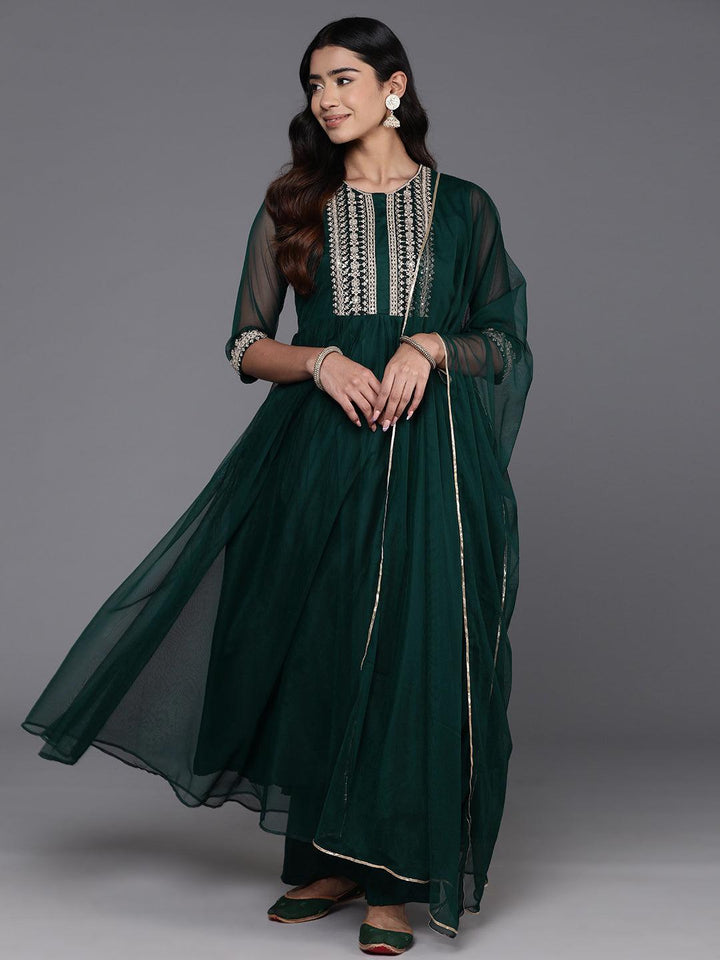 Green Yoke Design Shantoon A-Line Kurta With Palazzos & Dupatta