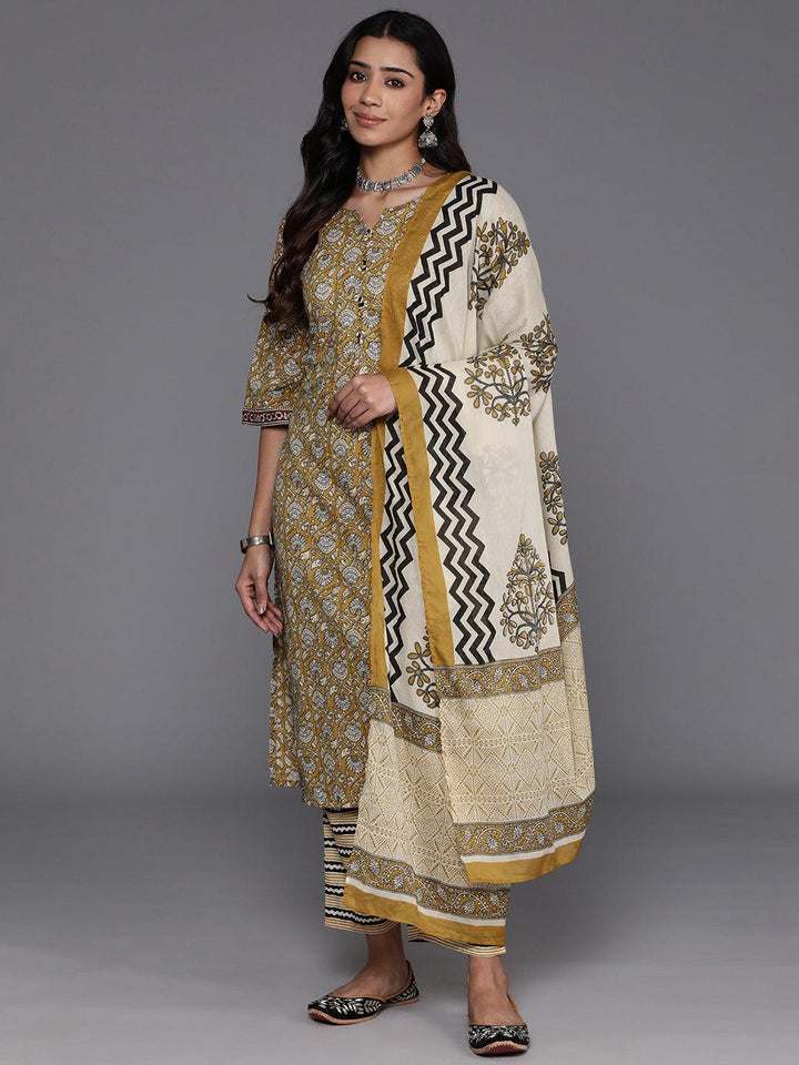 Mustard Printed Cotton Straight Suit With Dupatta