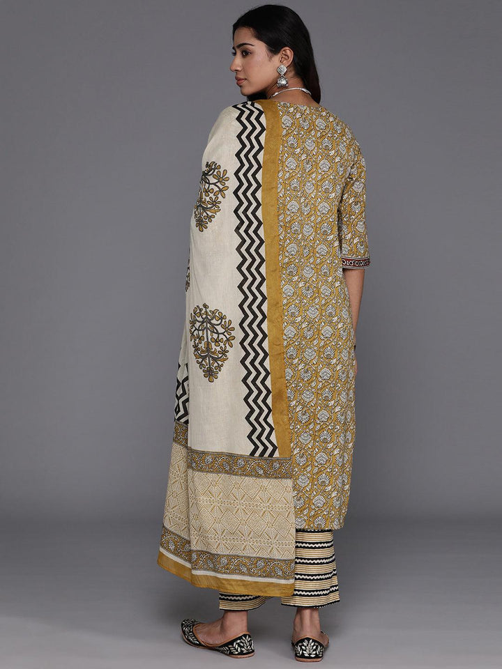 Mustard Printed Cotton Straight Suit With Dupatta