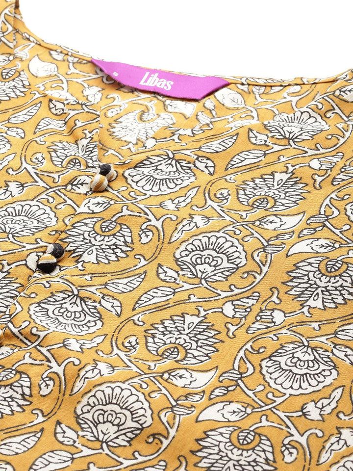 Mustard Printed Cotton Straight Suit With Dupatta