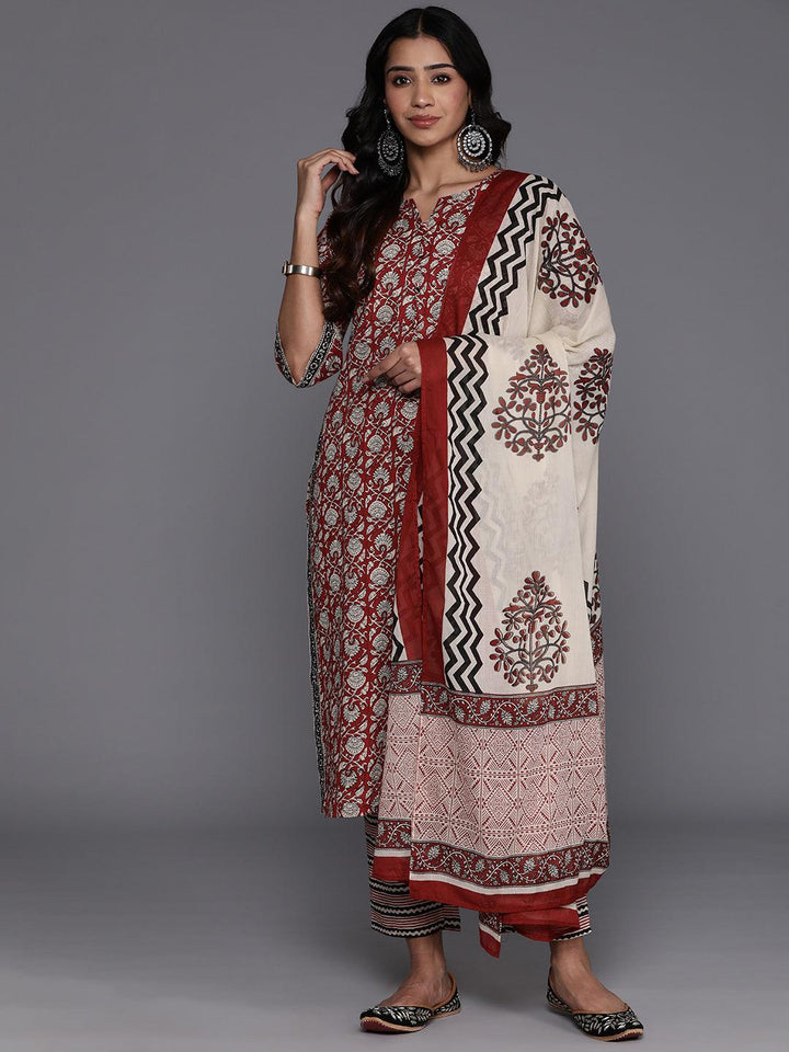 Maroon Printed Cotton Straight Suit With Dupatta