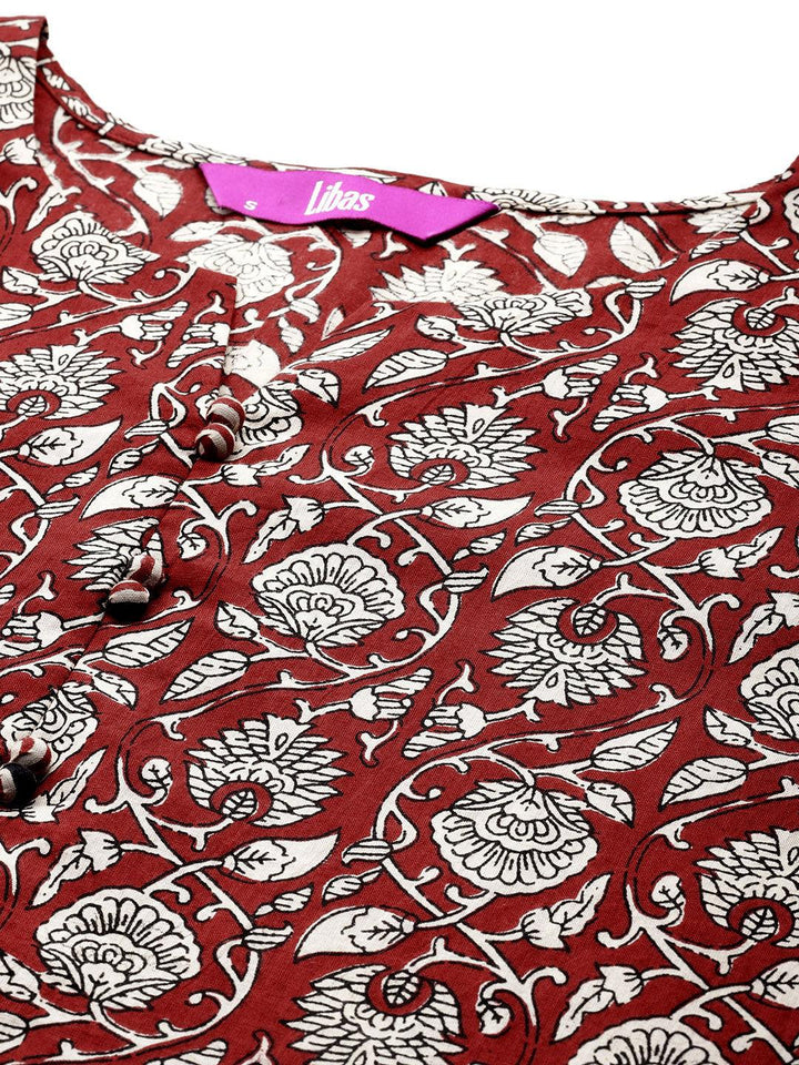 Maroon Printed Cotton Straight Suit With Dupatta