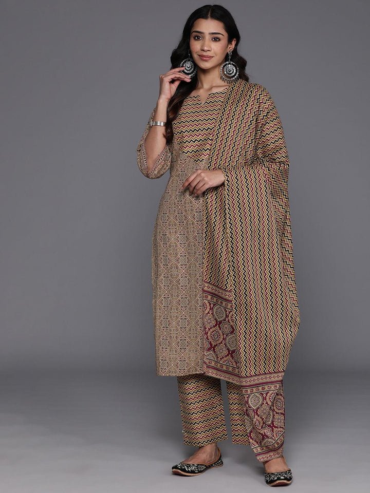 Olive Printed Cotton Straight Suit With Dupatta