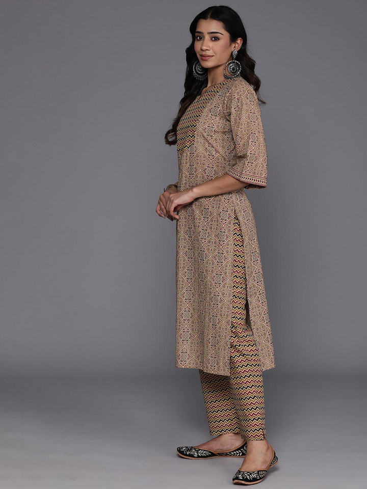 Olive Printed Cotton Straight Suit With Dupatta