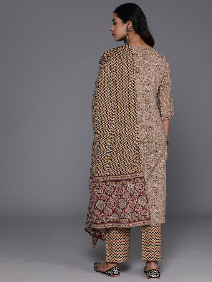 Olive Printed Cotton Straight Suit With Dupatta