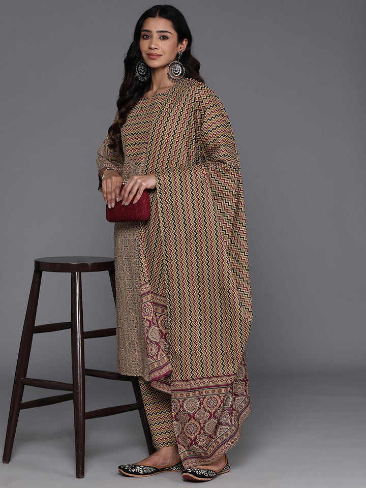 Olive Printed Cotton Straight Suit With Dupatta
