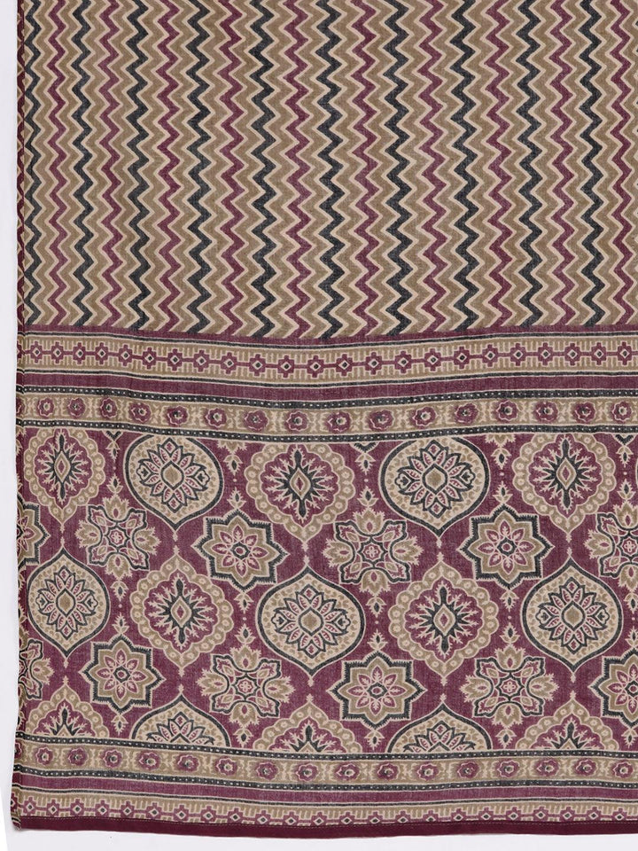 Olive Printed Cotton Straight Suit With Dupatta