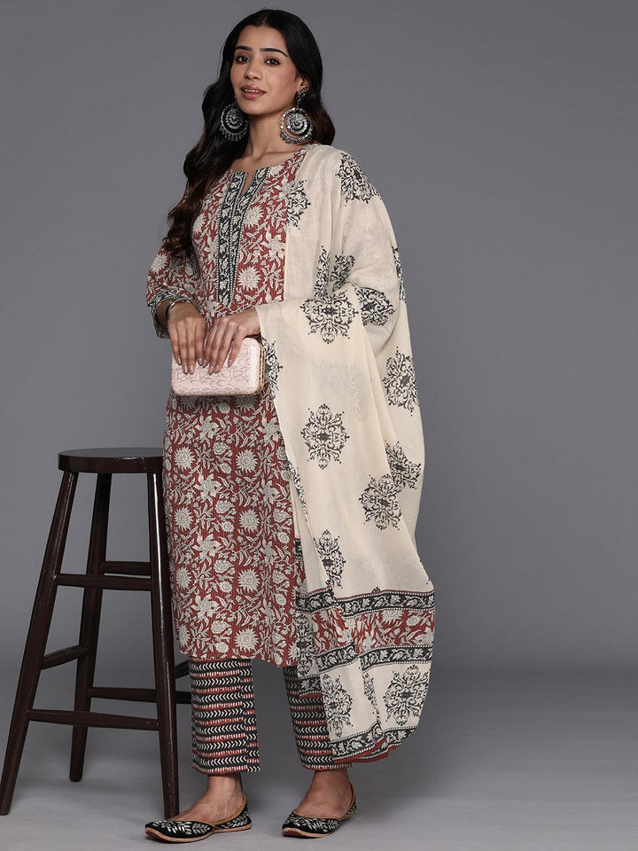 Maroon Printed Cotton Straight Suit With Dupatta