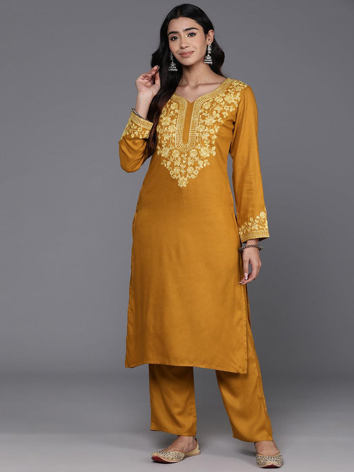 Mustard Yoke Design Wool Blend Straight Kurta Set