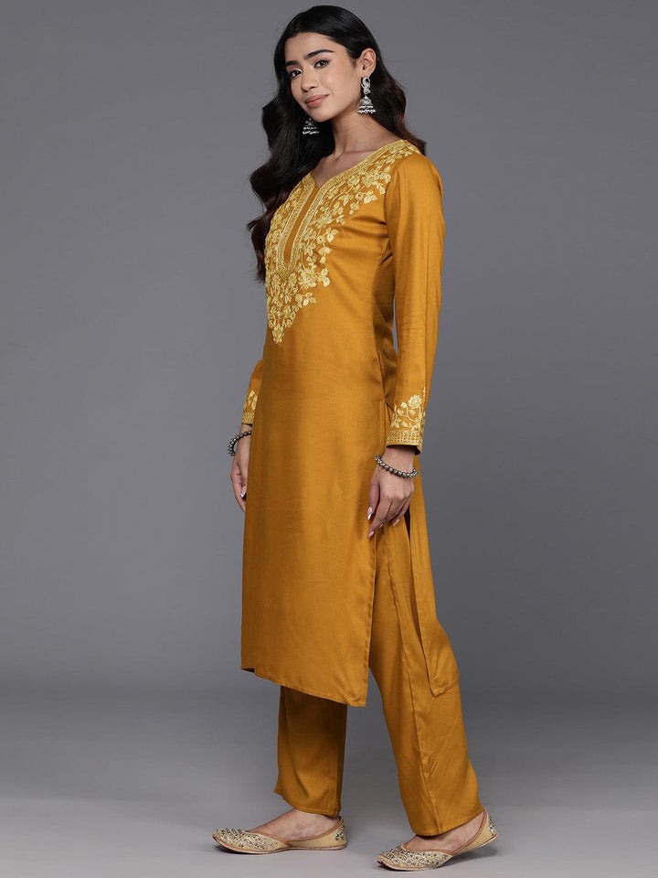 Mustard Yoke Design Wool Blend Straight Kurta Set