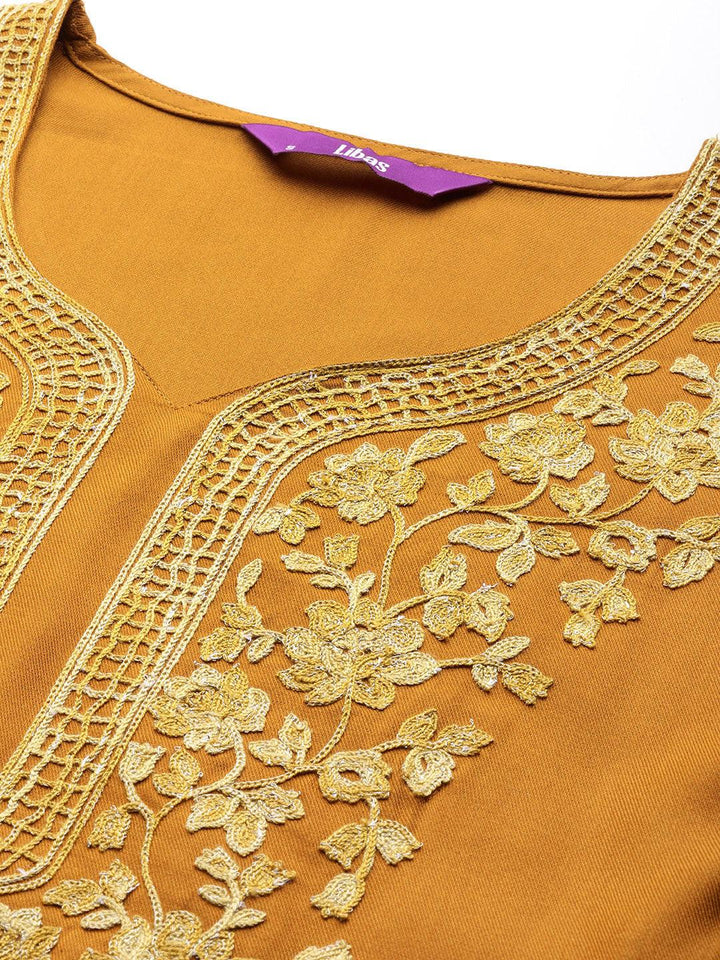Mustard Yoke Design Wool Blend Straight Kurta Set