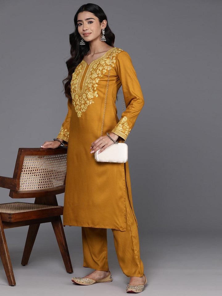 Mustard Yoke Design Wool Blend Straight Kurta Set