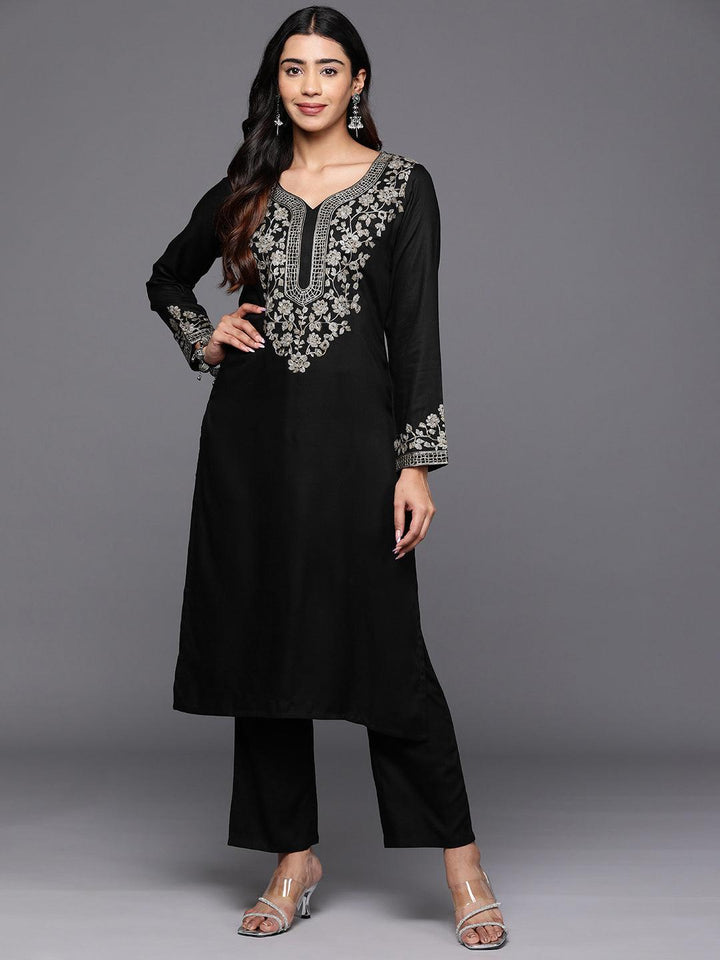 Black Yoke Design Wool Blend Straight Kurta Set