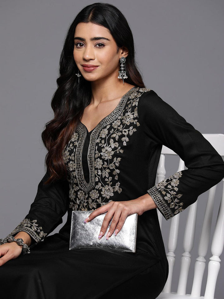 Black Yoke Design Wool Blend Straight Kurta Set