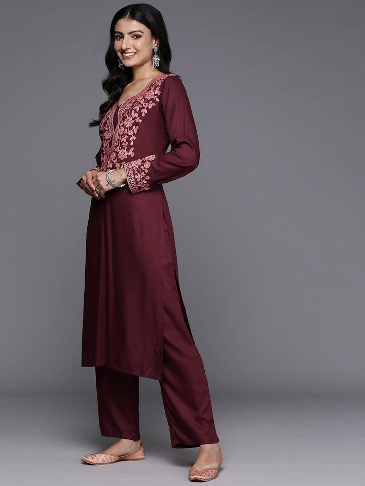 Maroon Yoke Design Wool Blend Straight Kurta Set