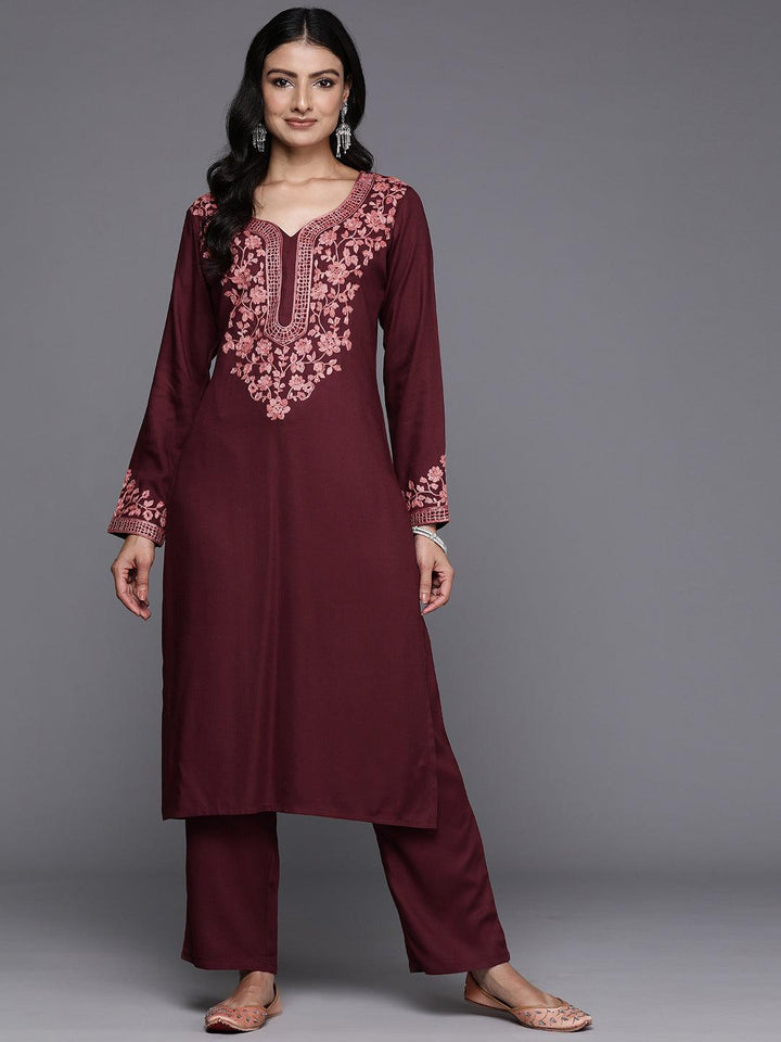 Maroon Yoke Design Wool Blend Straight Kurta Set
