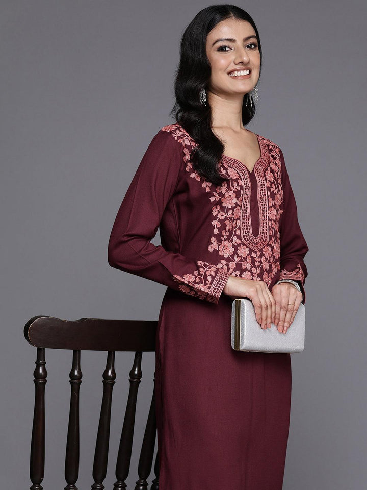 Maroon Yoke Design Wool Blend Straight Kurta Set
