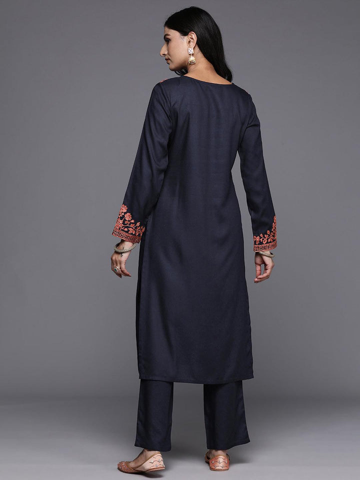 Navy Blue Yoke Design Wool Blend Straight Kurta Set