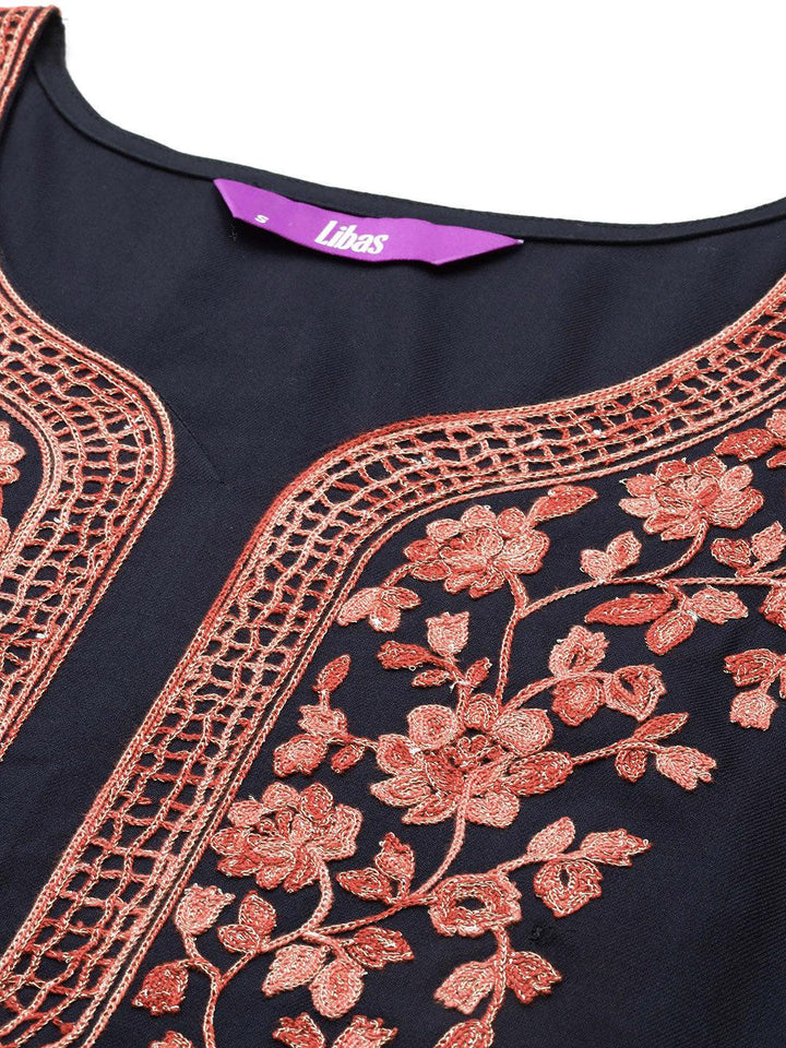 Navy Blue Yoke Design Wool Blend Straight Kurta Set