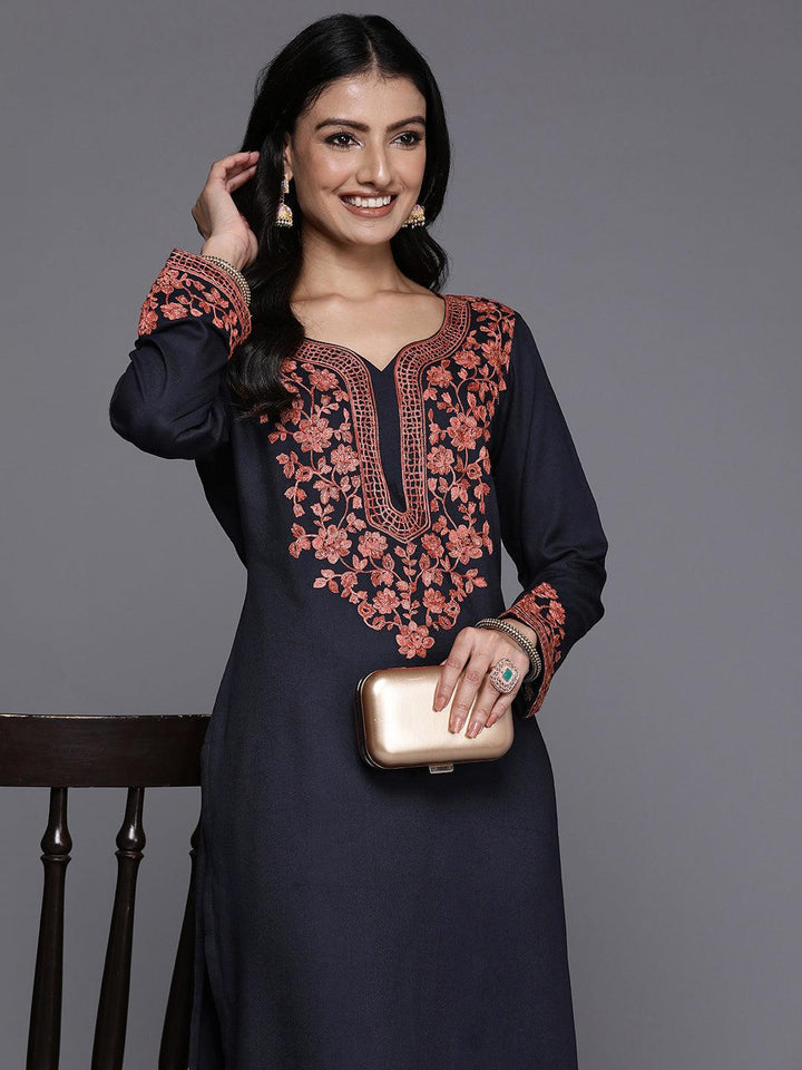 Navy Blue Yoke Design Wool Blend Straight Kurta Set