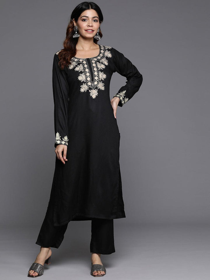 Black Yoke Design Wool Blend Straight Kurta Set