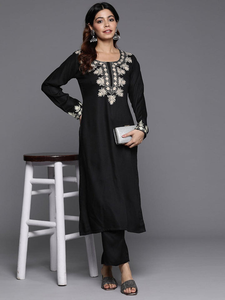 Black Yoke Design Wool Blend Straight Kurta Set