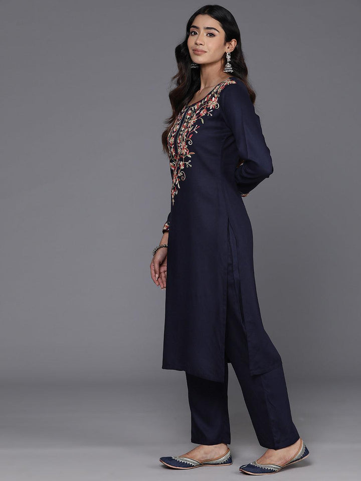 Navy Blue Yoke Design Wool Blend Straight Kurta Set