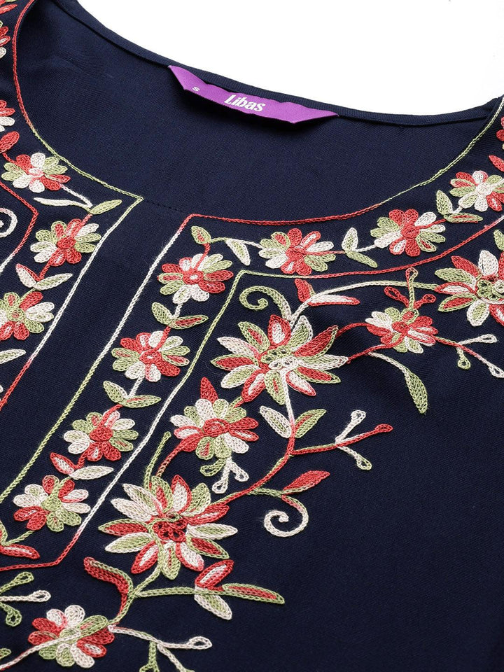 Navy Blue Yoke Design Wool Blend Straight Kurta Set