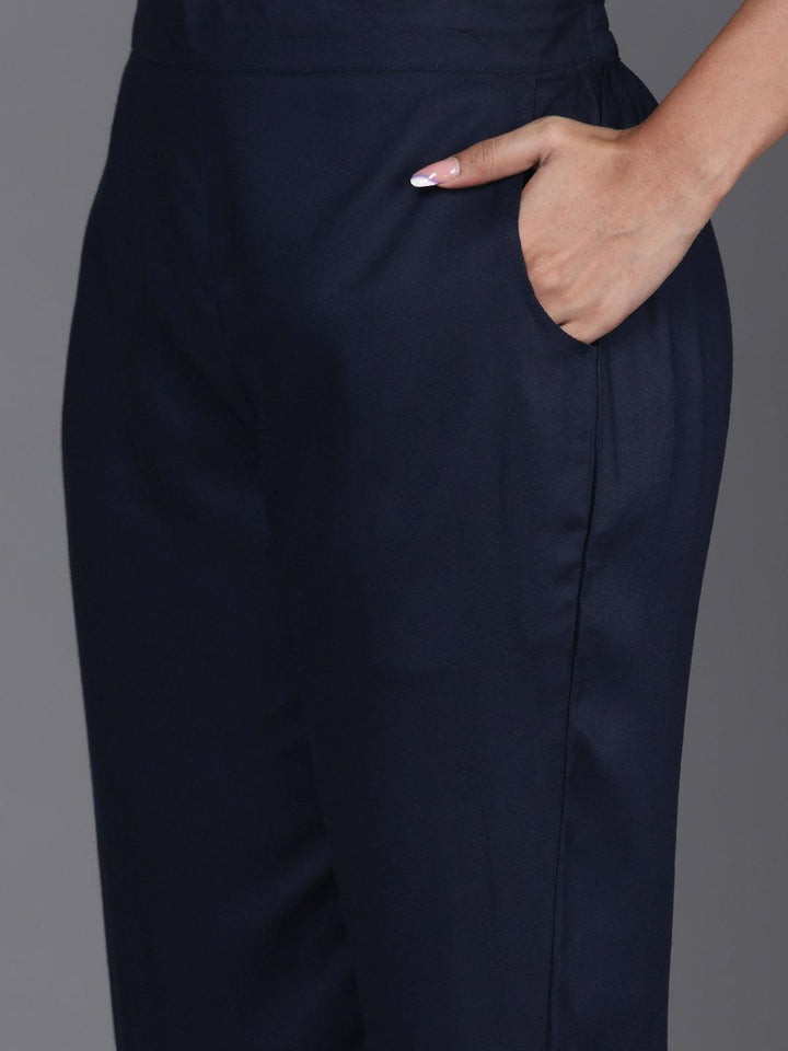 Navy Blue Yoke Design Wool Blend Straight Kurta Set