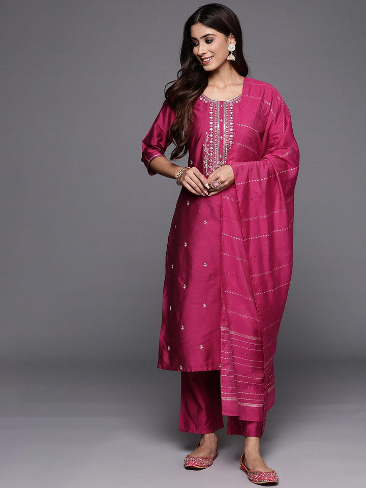 Pink Woven Design Silk Blend Straight Suit With Dupatta