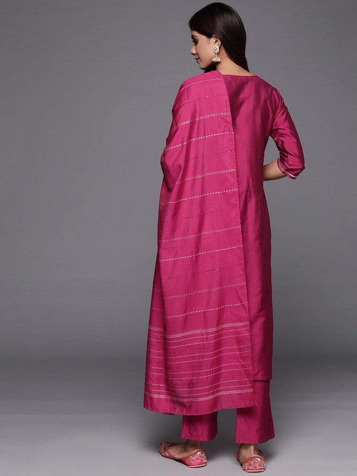 Pink Woven Design Silk Blend Straight Suit With Dupatta