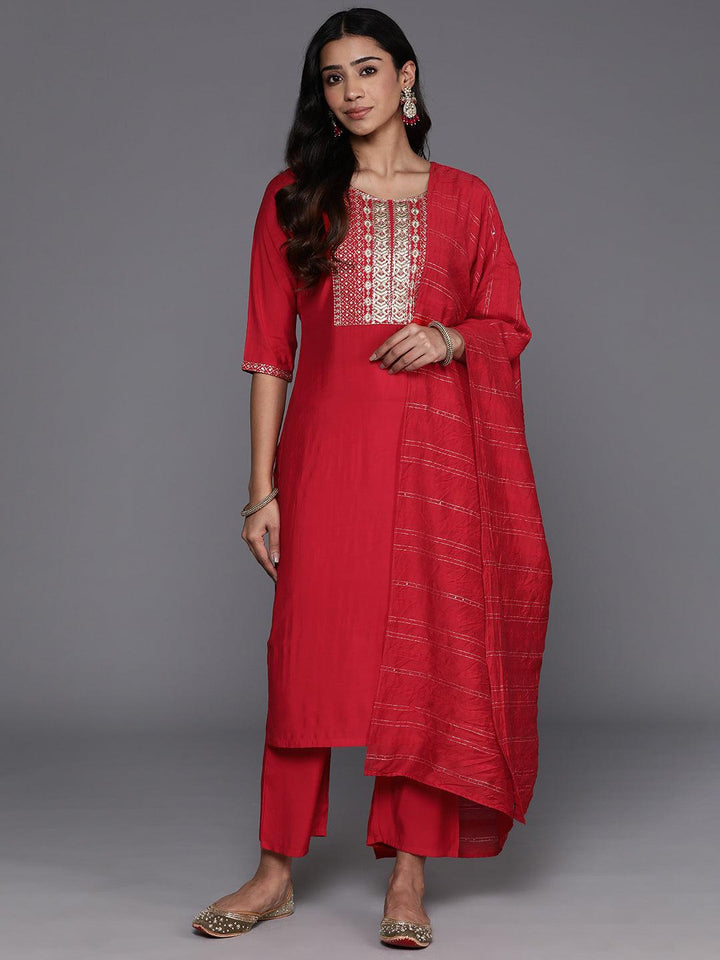 Red Yoke Design Silk Blend Straight Suit With Dupatta