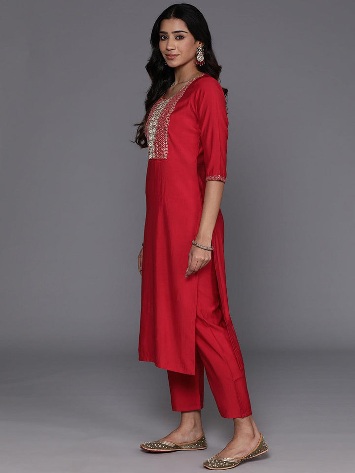 Red Yoke Design Silk Blend Straight Suit With Dupatta