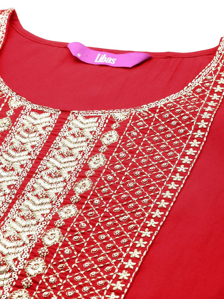 Red Yoke Design Silk Blend Straight Suit With Dupatta