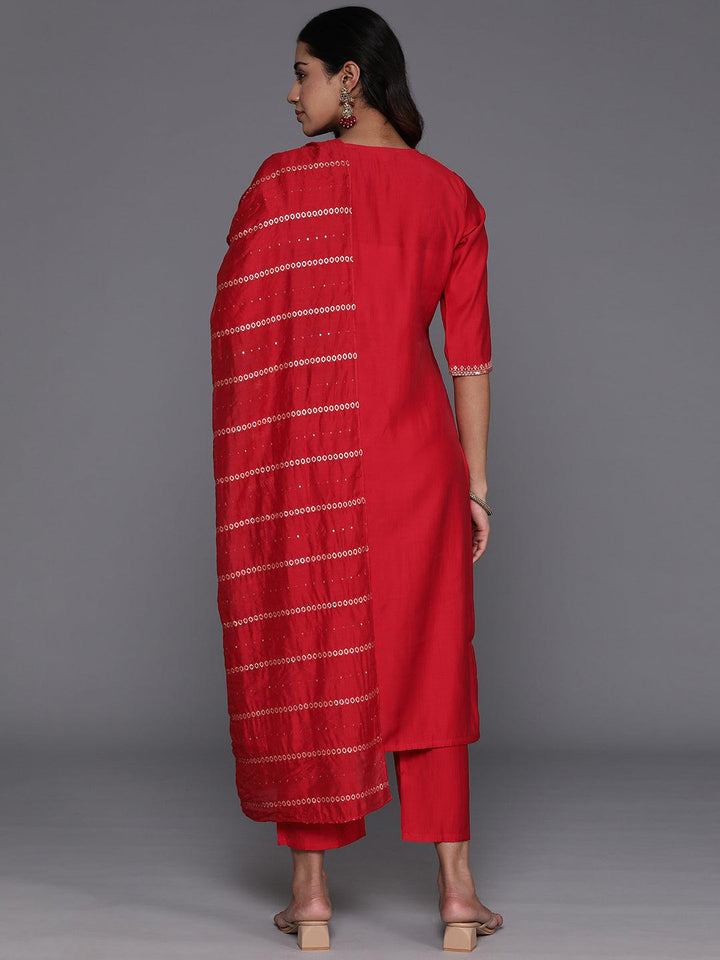 Red Yoke Design Silk Blend Straight Suit With Dupatta