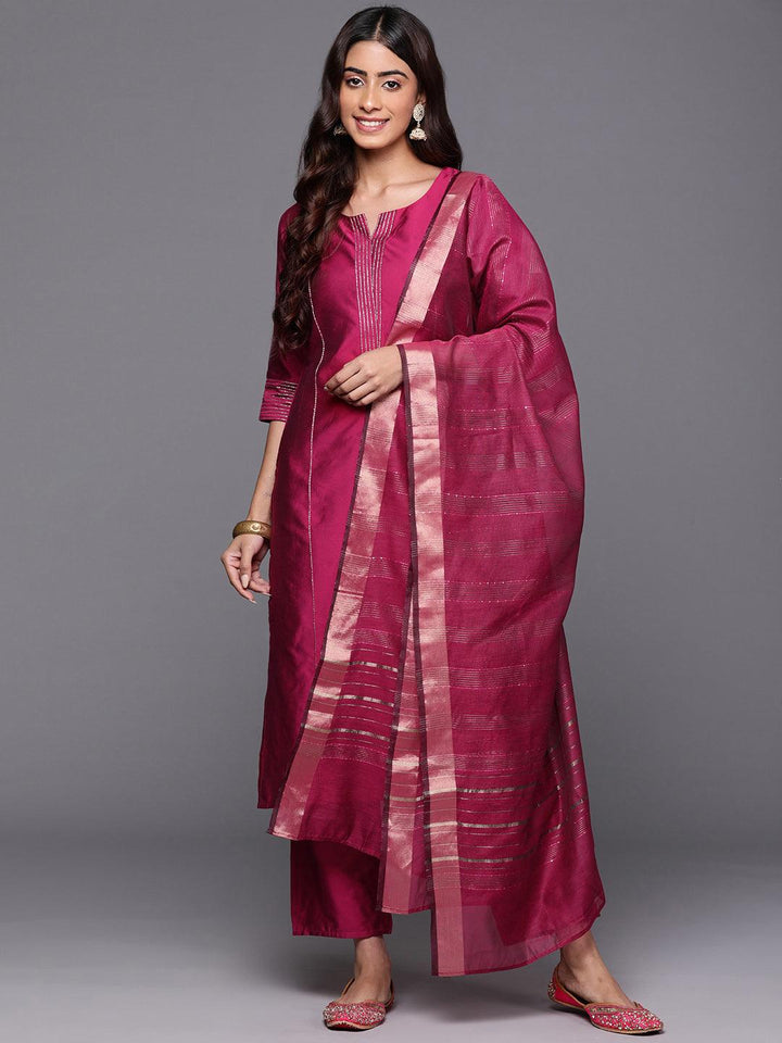 Pink Solid Silk Blend Straight Suit With Dupatta