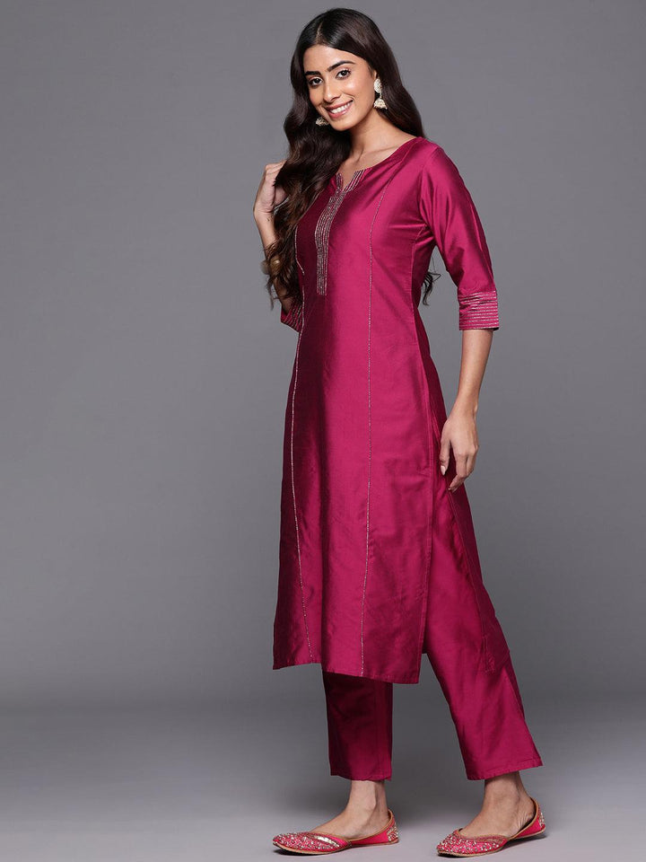 Pink Solid Silk Blend Straight Suit With Dupatta