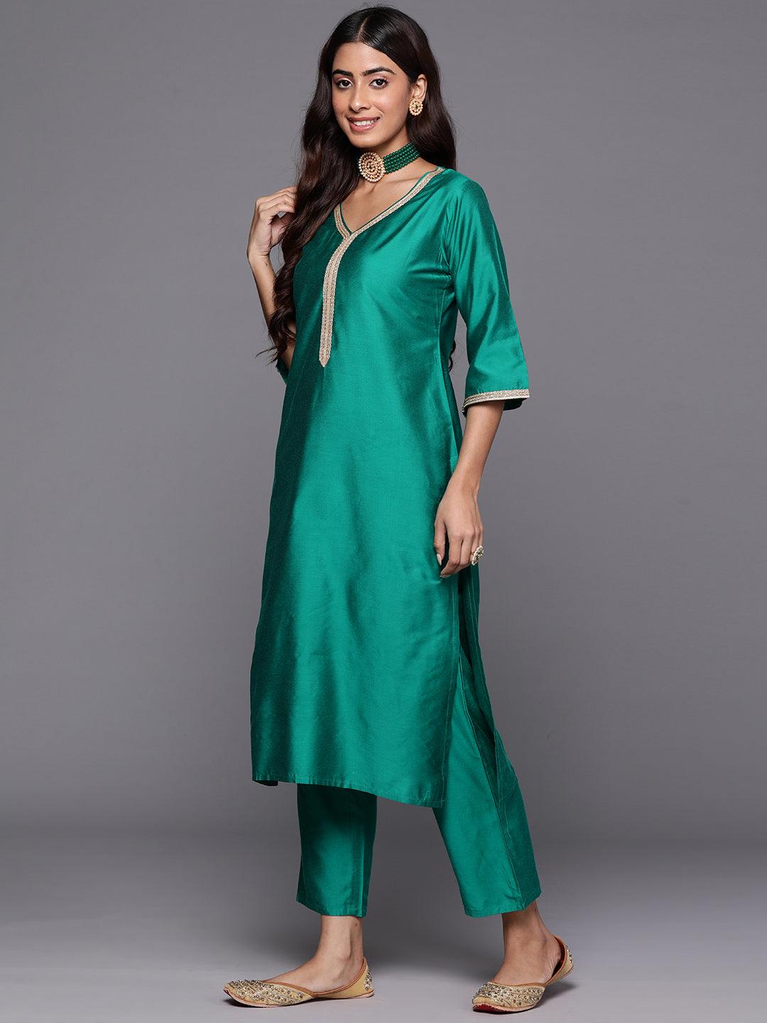 Green Solid Silk Blend Straight Kurta With Trousers & Dupatta - ShopLibas