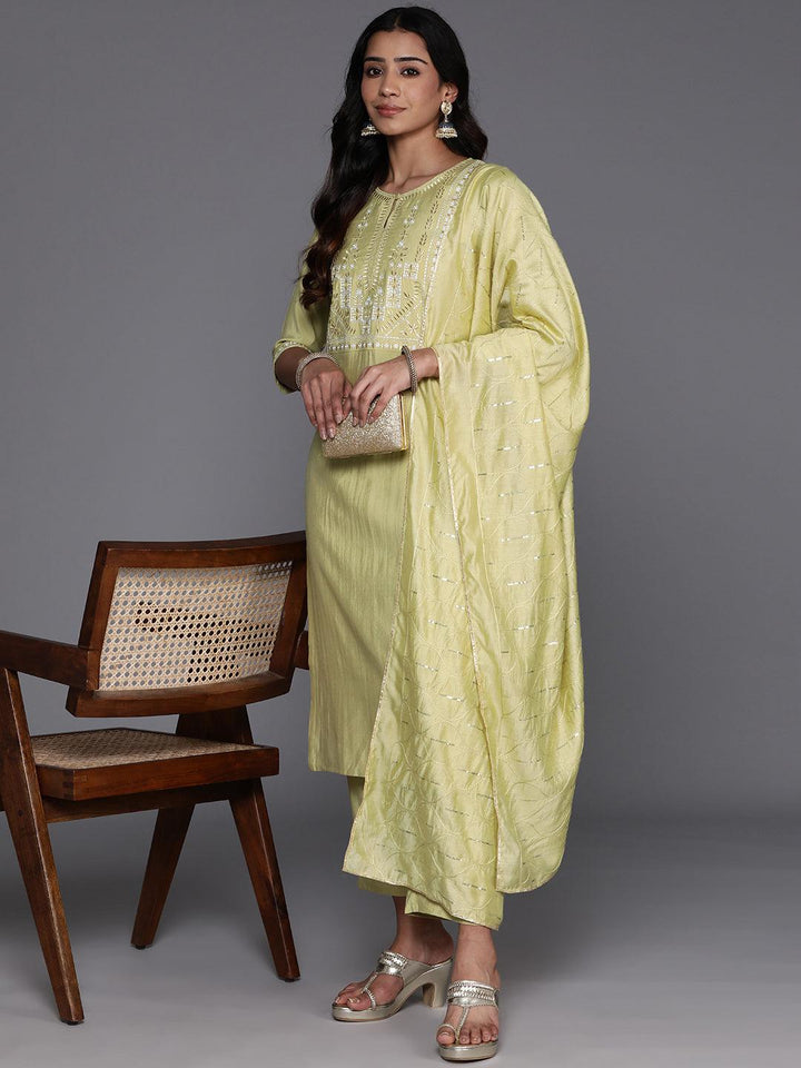 Green Yoke Design Silk Blend Straight Suit With Dupatta