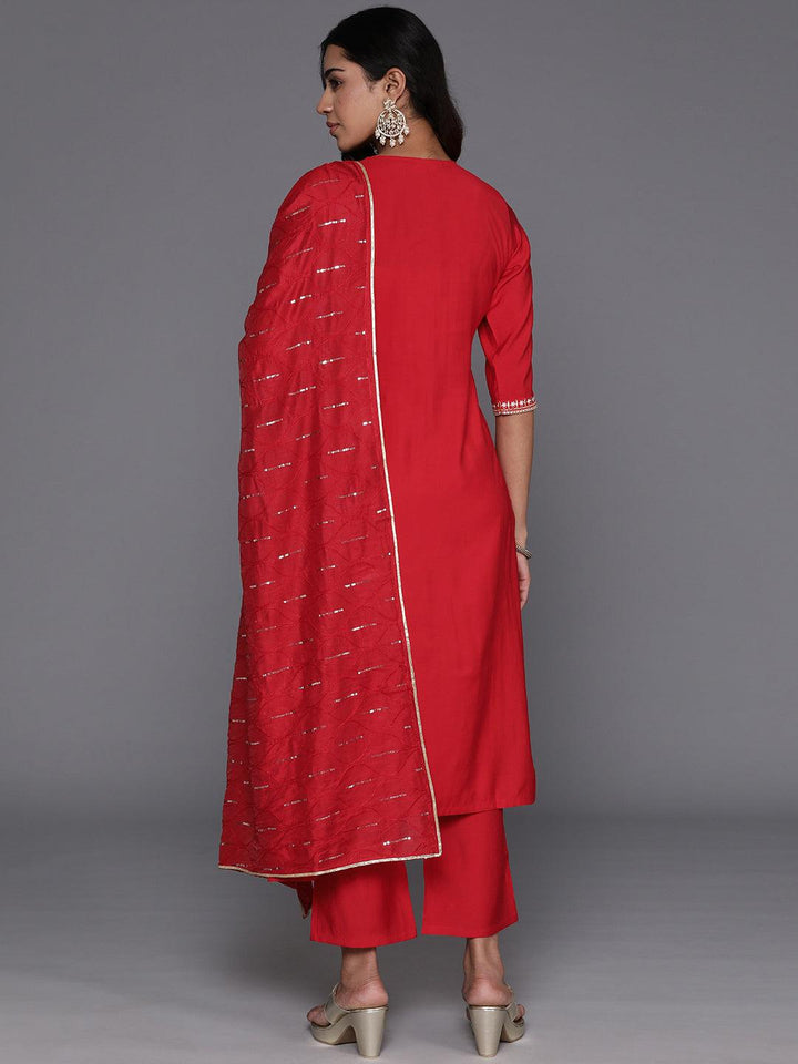 Red Yoke Design Silk Blend Straight Suit With Dupatta