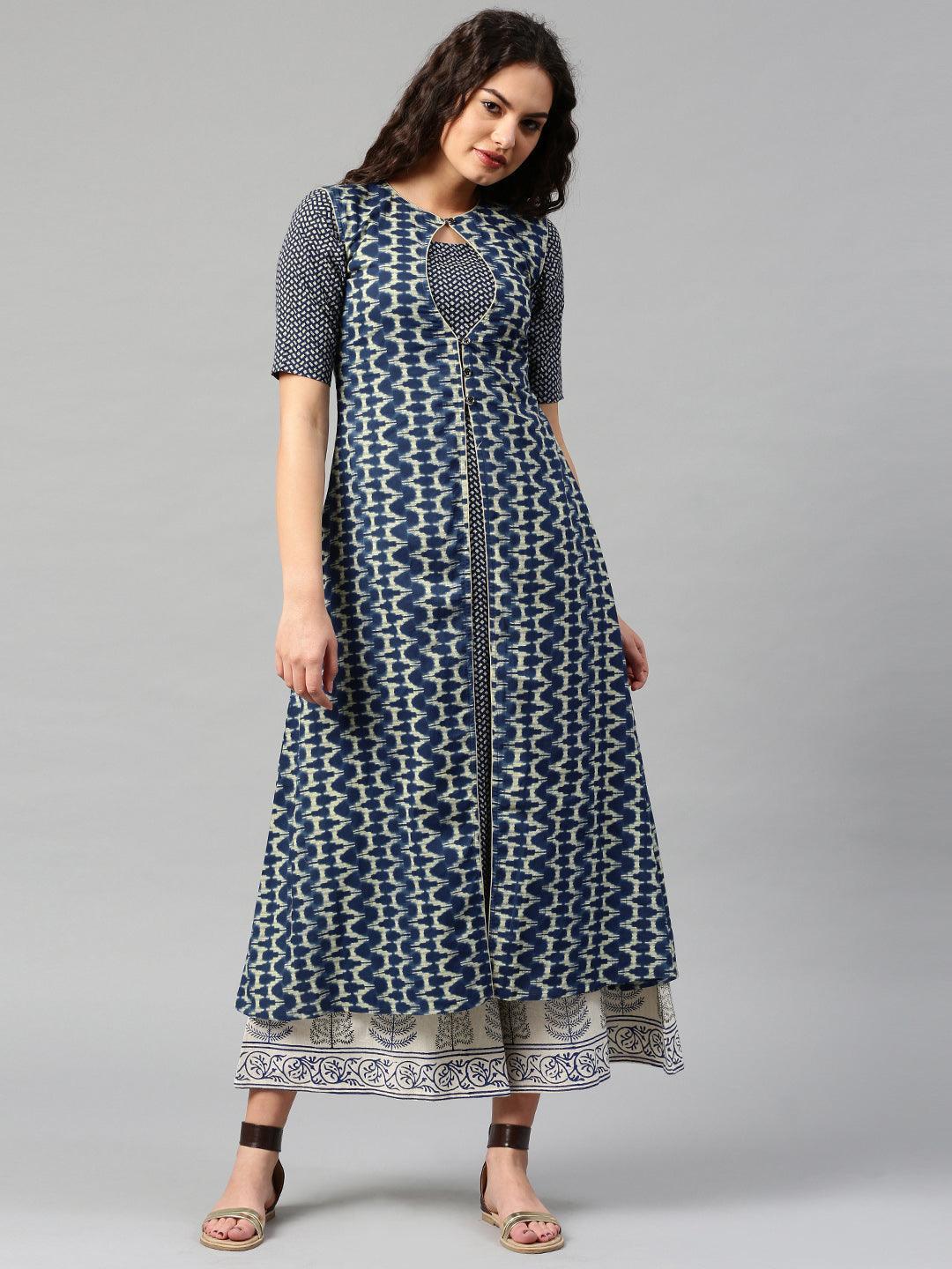 Navy Blue Printed Cotton Kurta - ShopLibas
