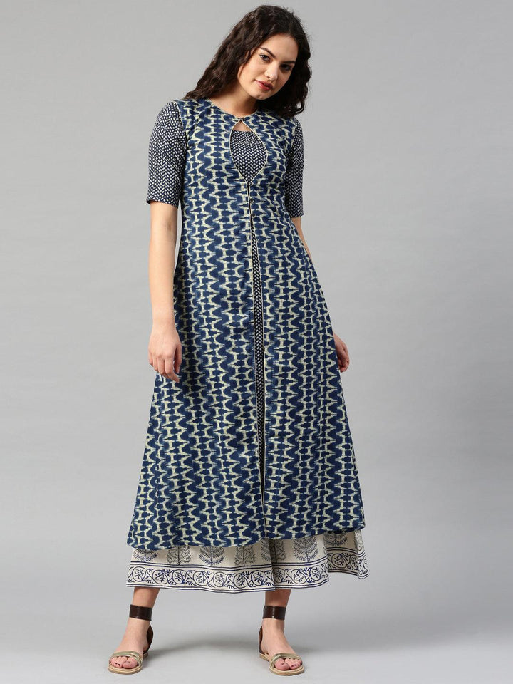 Navy Blue Printed Cotton Kurta