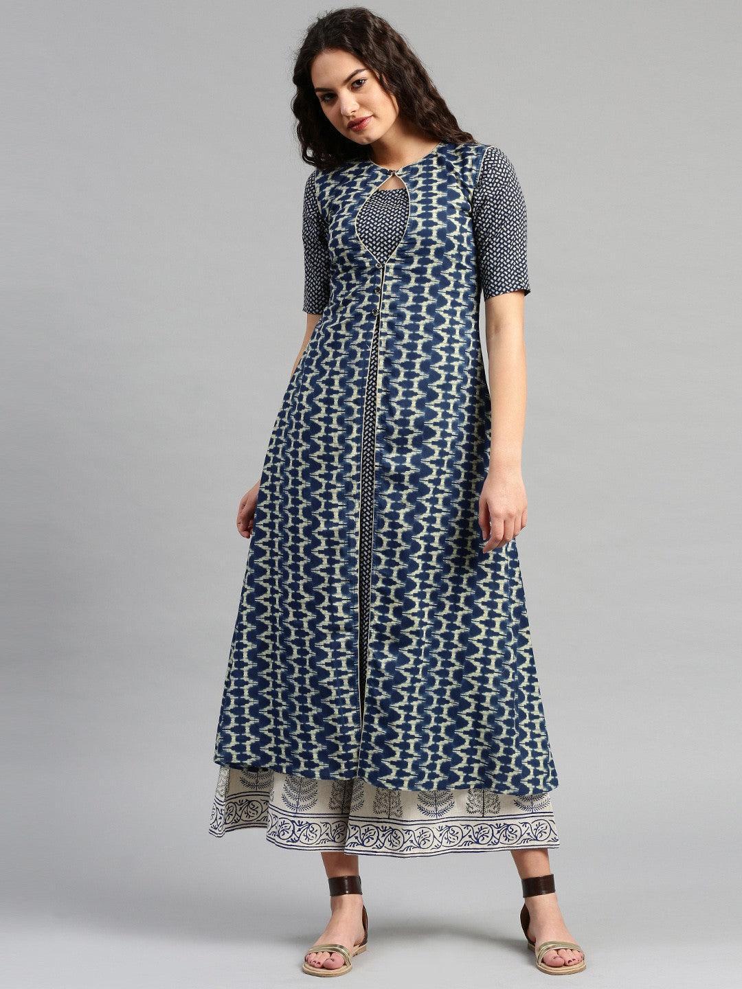 Navy Blue Printed Cotton Kurta - ShopLibas